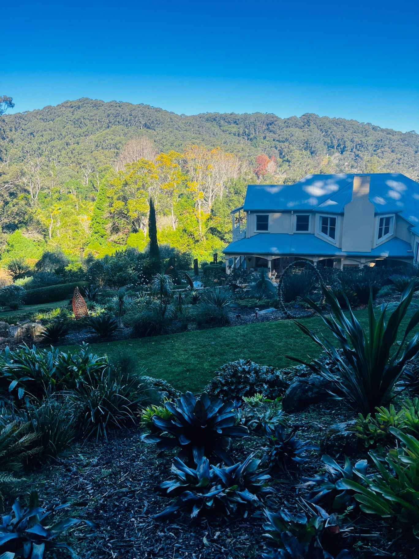 Holgate Oasis house and sculpture garden with mountain backdrop